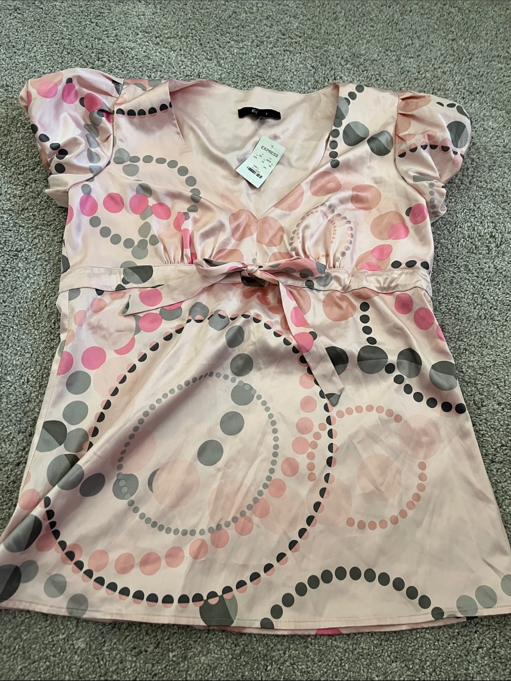 Express Pink & Gray Circle Print Tie-Front Silky Top S